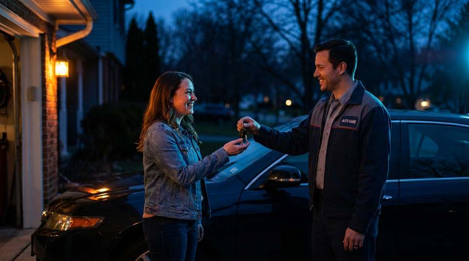 Technician handing keys back to a happy customer at their front door