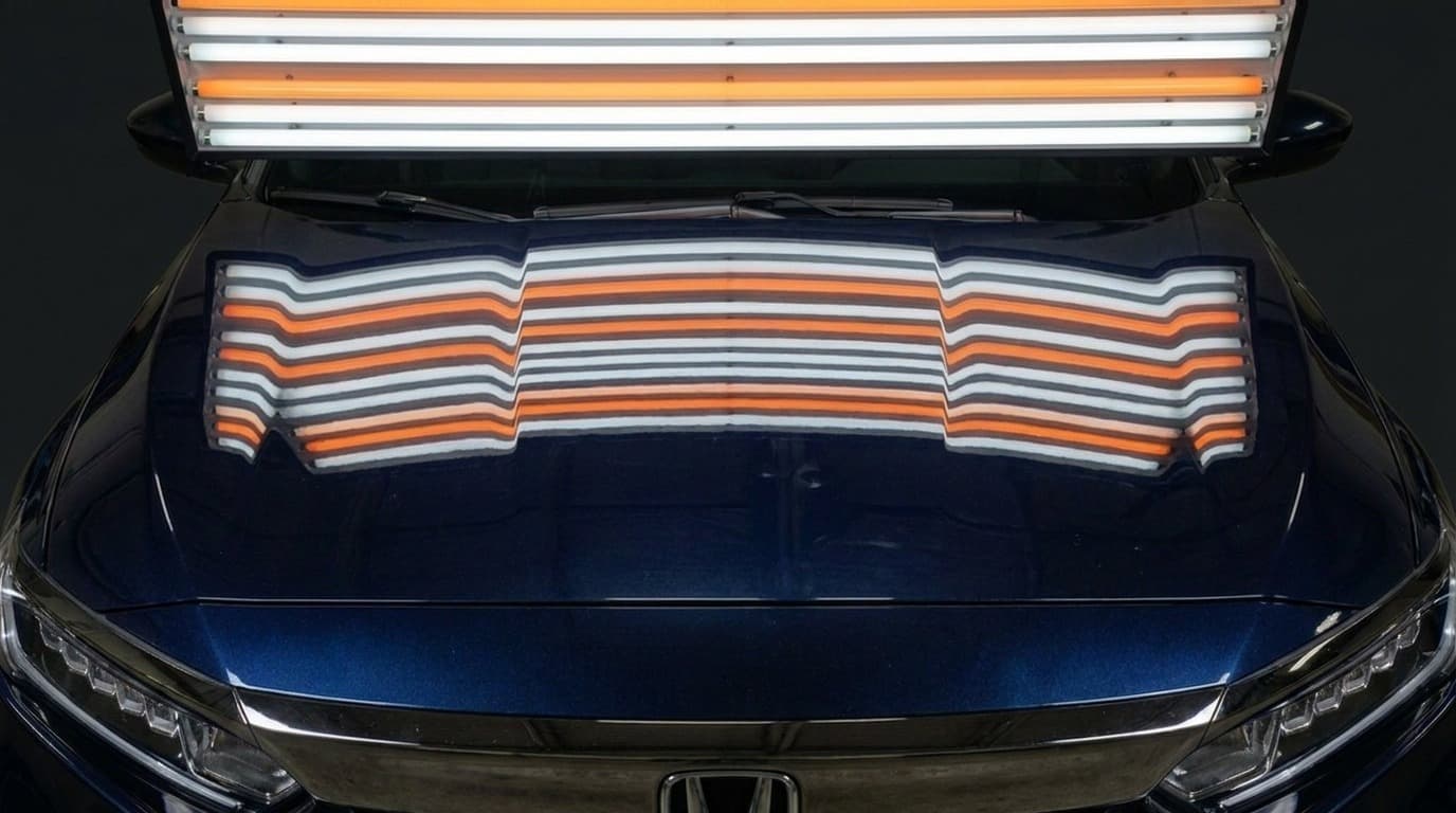 Hail-damaged car hood under a PDR reflector light, before and after paintless dent repair